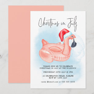 Invitation Flamant rose Noël En Juillet Piscine D'Été