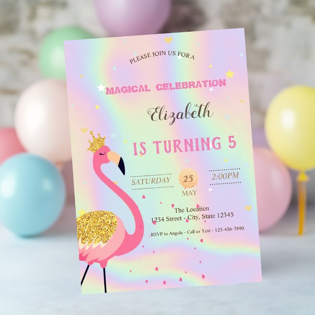 Invitation Flamant Rose Pailleté, Anniversaire Holographique (Créateur téléchargé)