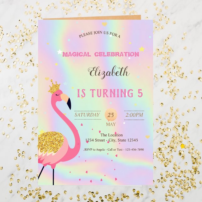 Invitation Flamant Rose Pailleté, Anniversaire Holographique (Créateur téléchargé)