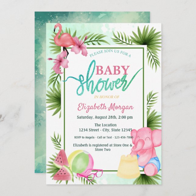Invitation Flamant rose, Pastèque, Baby shower Elephant Palm (Devant / Derrière)