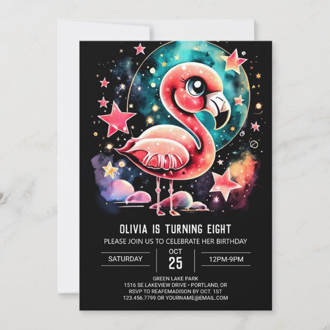 Invitation Flamant rose personnalisé Anniversaire moderne (Devant)