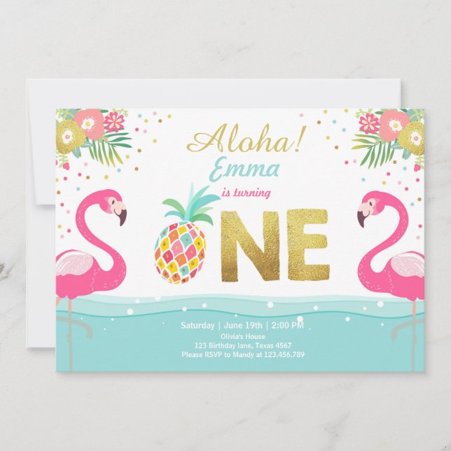Invitation Flamant rose Pineappel Luau (Devant)