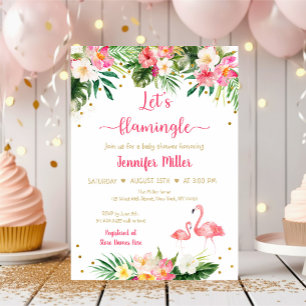 Invitation Flamant rose Pink Gold Tropical Floral Baby shower