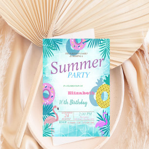 Invitation Flamant rose Piscine d'été Fête d'anniversaire