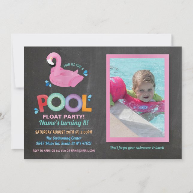 Invitation Flamant rose Piscine fête Anniversaire Plage Flott (Devant)