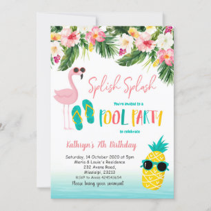 Invitation Flamant rose Piscine Fête d'été Anniversaire