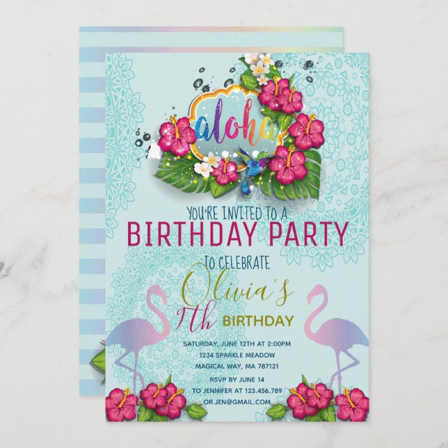 Invitation Flamant rose Pool Fête Anniversaire Tropical Invit (Devant / Derrière)