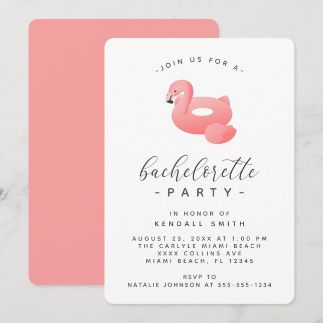 Invitation Flamant rose Pool Float Minimal Bachelorette Party (Devant / Derrière)