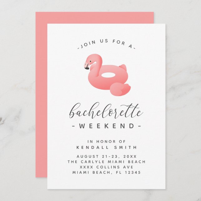 Invitation Flamant rose Pool Float Minimal Bachelorette Week- (Devant / Derrière)