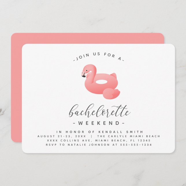 Invitation Flamant rose Pool Float Minimal Bachelorette Week- (Devant / Derrière)