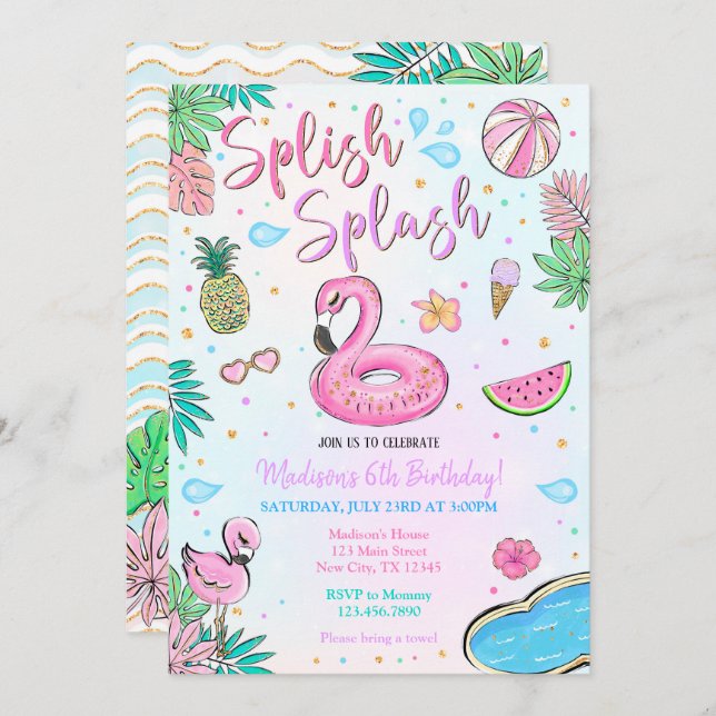 Invitation Flamant rose Pool Party (Devant / Derrière)