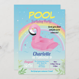 Invitation Flamant rose Pool Party Anniversaire Rainbow Beach
