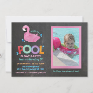 Invitation Flamant rose Pool Party Birthday Beach Flottement