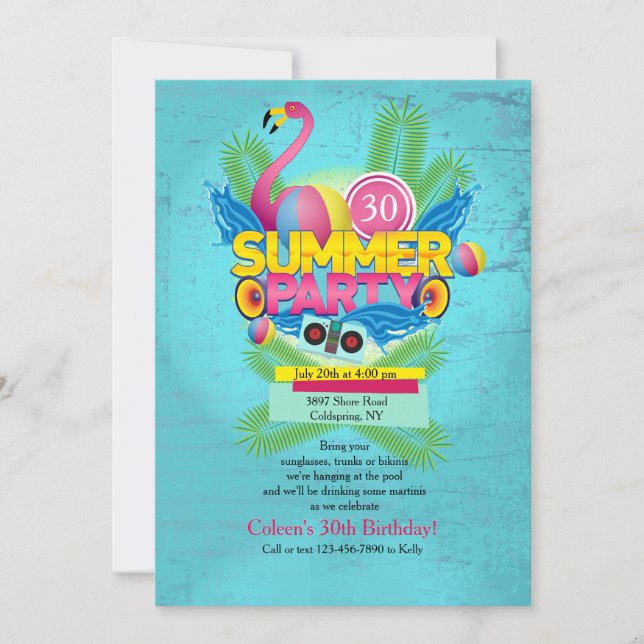 Invitation flamant rose pour fête d'été (Devant)