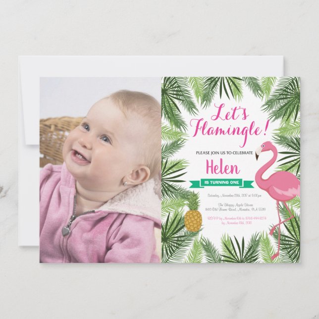 Invitation Flamant rose Premier anniversaire Fille (Devant)