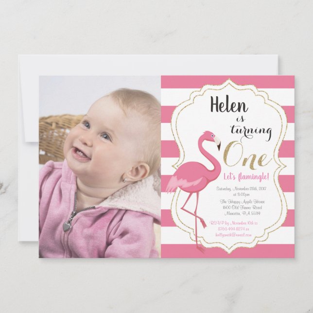 Invitation Flamant rose Premier anniversaire Fille (Devant)