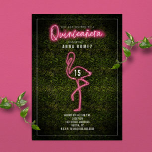 Invitation Flamant rose Quinceañera Lumières en néon rose Box