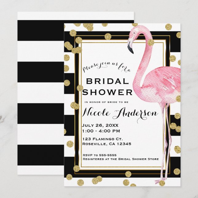 Invitation Flamant Rose Rayures Noires et Blanches & Confetti (Devant / Derrière)