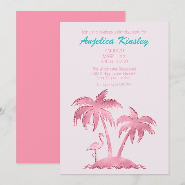 Invitation Flamant Rose Rétro Pailleté et Palmiers (Devant / Derrière)