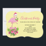 Invitation Flamant rose rose à Santa Hat Noël Whimsical<br><div class="desc">Invitation de Noël avec un flamant de Noël à thème tropical portant un chapeau de santa rose. Sous ses pieds se trouve un bouquet de sucre de canne avec de jolies fleurs tropicales et des baies roses. Un bourgeon de saint sur sa poitrine.</div>