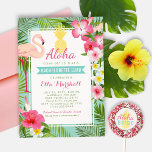 Invitation Flamant rose rose ananas tropical Bachelorette Lua<br><div class="desc">Les invitations à la fête du luau mariage de bachelorette sont accompagnées d'un joli flamant rose avec ananas et cadre luxuriant de frondes de feuilles de palmier vert et de fleurs d'hibiscus tropicaux dans des tons rose chaud, jaune soleil et blanc. Le texte élégant avec titre de bannière bleu aqua...</div>