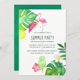 Invitation Flamant rose rose Aquarelle tropicale Anniversaire