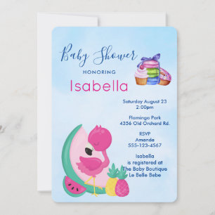Invitation Flamant rose rose avec Baby shower de fruits tropi