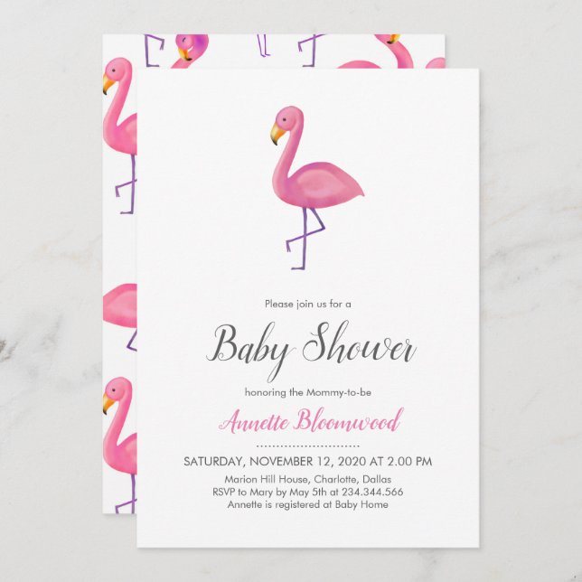 Invitation Flamant rose rose Baby shower moderne (Devant / Derrière)