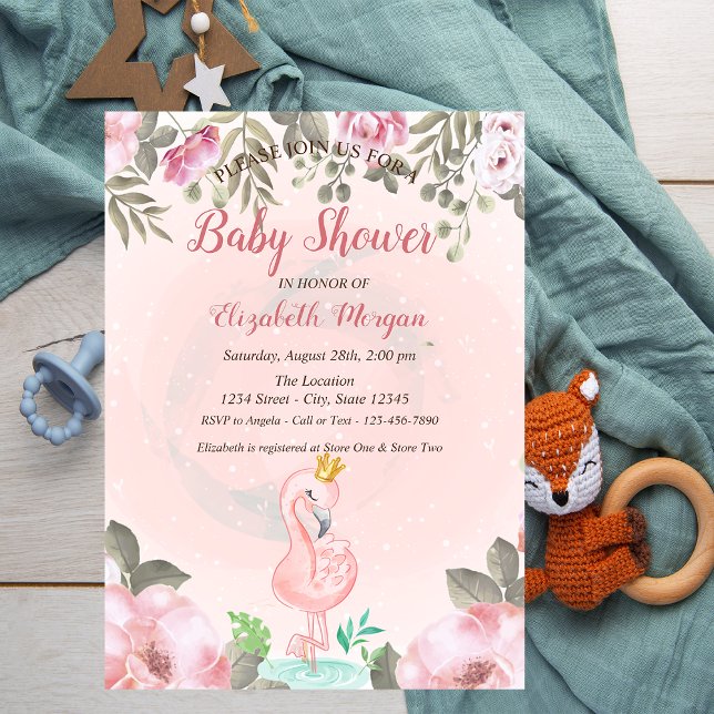 Invitation Flamant rose rose bébé  couronne Baby shower flora (Créateur téléchargé)