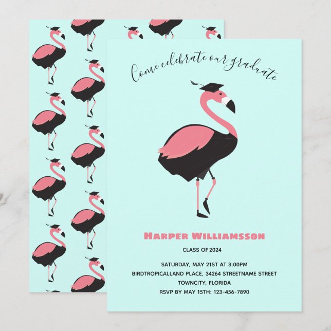 Invitation Flamant rose rose Bleu Animal Graduation (Devant / Derrière)