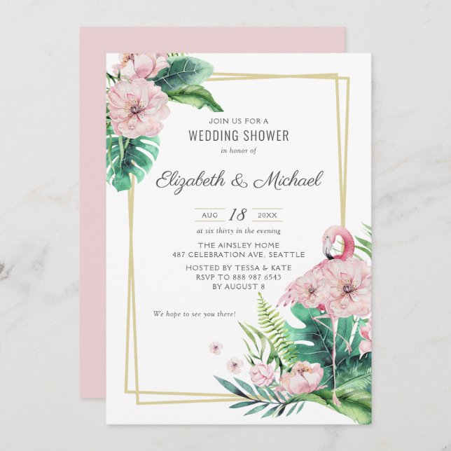 Invitation Flamant rose rose botanique Wedding shower floral (Devant / Derrière)