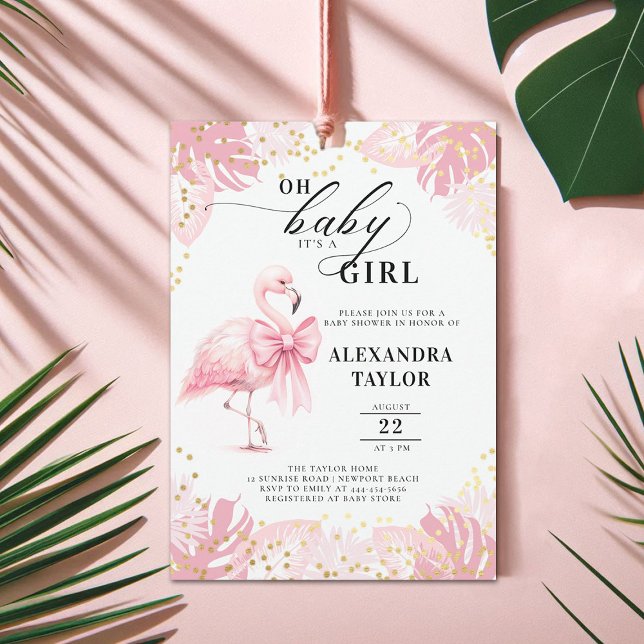 Invitation Flamant rose rose Bow Tropical Rose Baby shower fi (pink flamingo girl baby shower invitation bow coquette watercolor tropical botanical foliage cute)