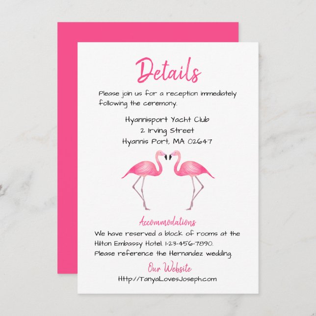 Invitation Flamant rose rose Détails du Mariage Tropical Summ (Devant / Derrière)