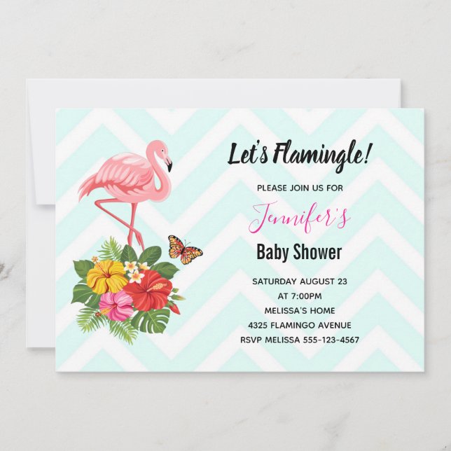 Invitation Flamant rose rose et Baby shower Hibiscus tropical (Devant)