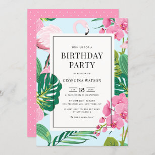 Invitation Flamant rose rose et orchidées Tropical Birthday P