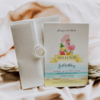 Flamant rose rose Été Fille 1er Anniversaire Invit