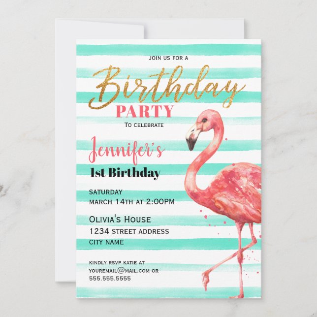 Invitation Flamant rose rose fête d'anniversaire avec des pin (Devant)