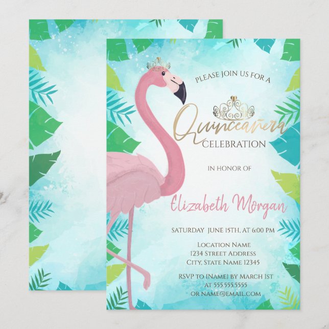 Invitation Flamant rose rose feuille tropicale Quinceañera ét (Devant / Derrière)