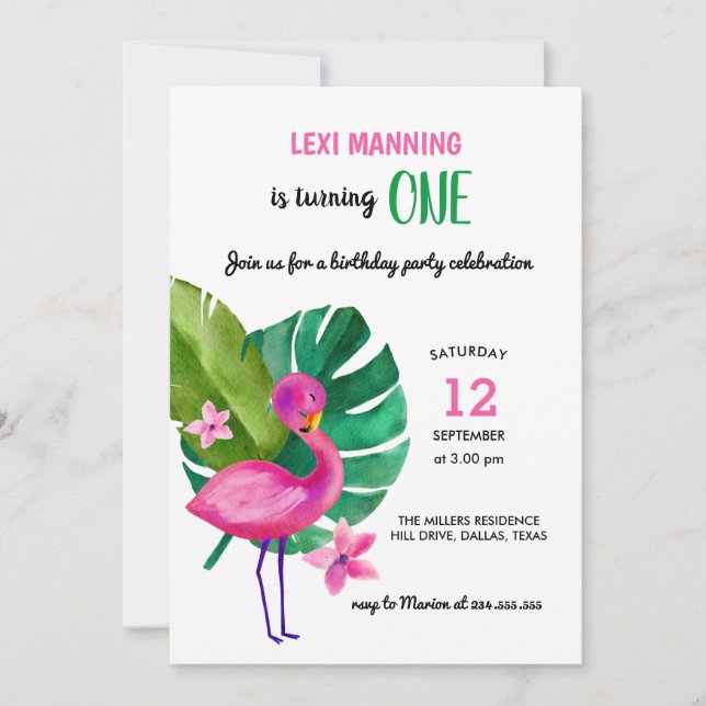 Invitation Flamant rose rose | Fille fête d'anniversaire (Devant)