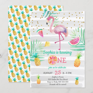 Invitation Flamant rose rose Fille premier anniversaire Tropi