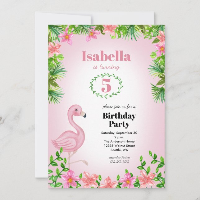 Invitation Flamant rose rose Filles tropicales Anniversaire (Devant)