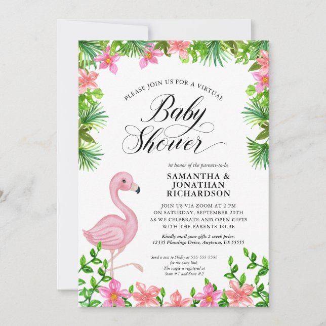 Invitation Flamant rose rose Fleurs tropicales Baby shower vi (Devant)