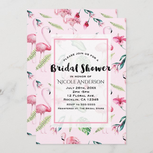 Invitation Flamant rose rose Hibiscus tropical (Devant / Derrière)