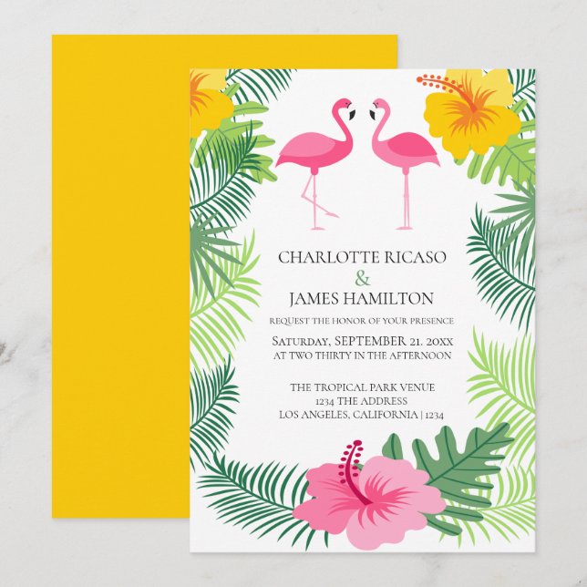 Invitation Flamant rose rose Mariage tropical personnalisé (Devant / Derrière)