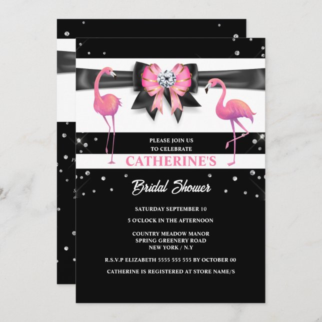 Invitation Flamant rose rose noir douche parties scintillant  (Devant / Derrière)