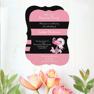 Invitation Flamant rose rose noir moderne Surprise Anniversai