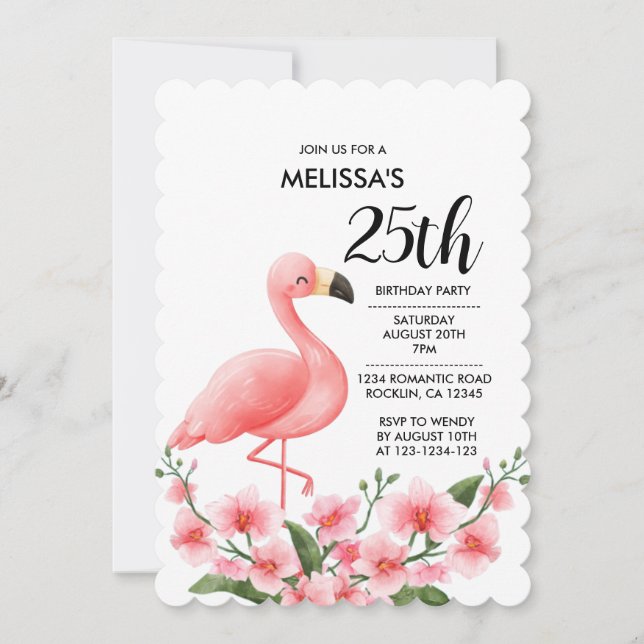 Invitation Flamant rose rose Orchidée rose Flore 25e annivers (Devant)
