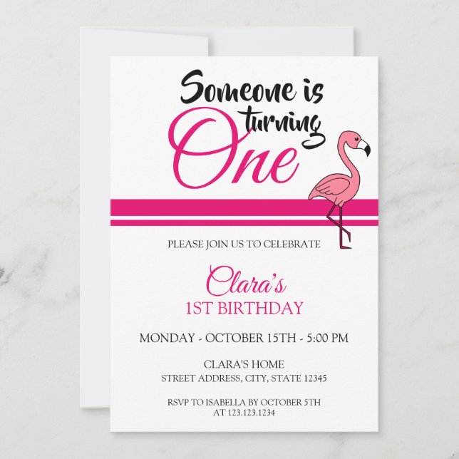 Invitation Flamant rose rose pâle 1er anniversaire (Devant)