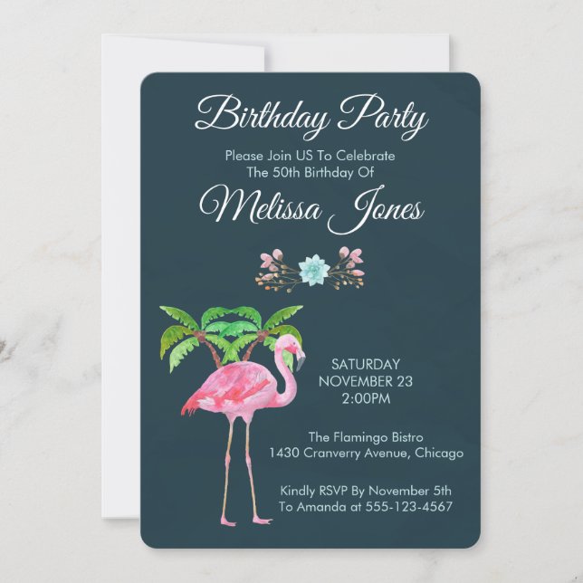 Invitation Flamant rose rose Palmiers et Succulents Anniversa (Devant)
