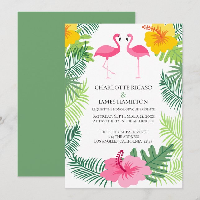 Invitation Flamant rose rose personnalisé Mariage tropical (Devant / Derrière)